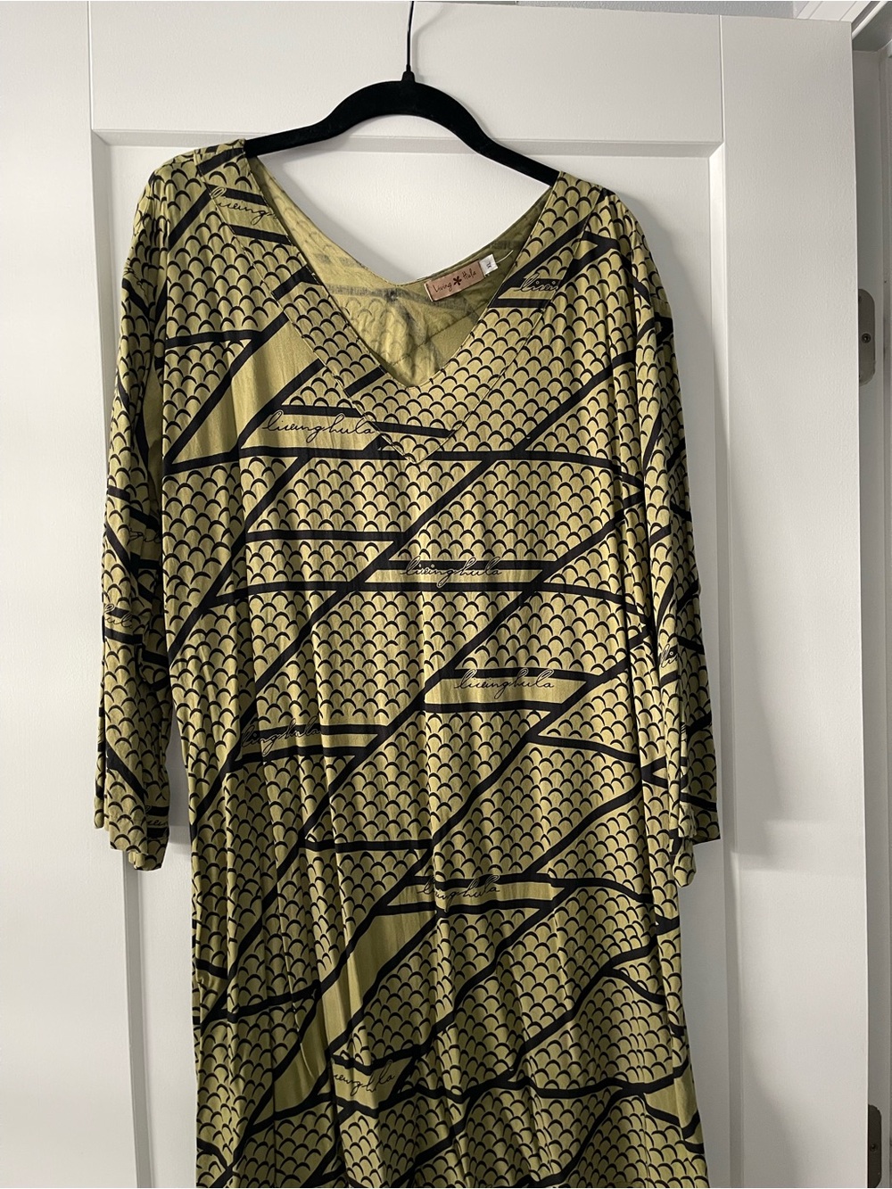 V-Neck Olive Green Geometric Print Women's Dress